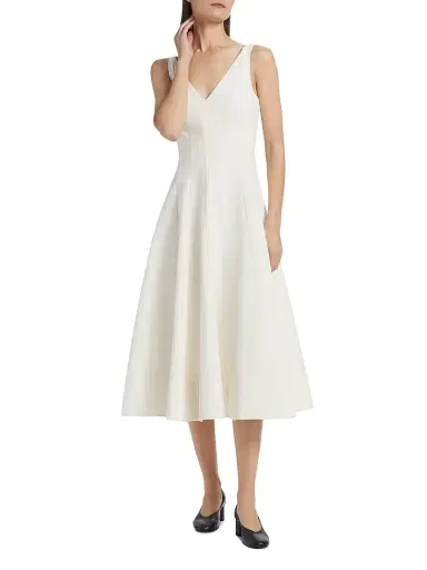 STAUD Women's Marieta Faille V-Neck Midi-Dress - | Thumbnail 2 STAUD Women's Marieta Faille V-Neck Midi-Dress - | Thumbnail 2