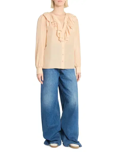 Chloé Women's Ruffled Silk V-Neck Blouse - Biscuit Pink | Thumbnail 2 Chloé Women's Ruffled Silk V-Neck Blouse - Biscuit Pink | Thumbnail 2