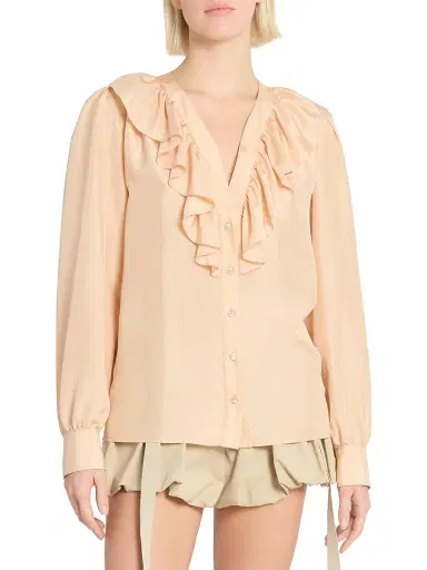 Chloé Women's Ruffled Silk V-Neck Blouse - Biscuit Pink | Thumbnail 3 Chloé Women's Ruffled Silk V-Neck Blouse - Biscuit Pink | Thumbnail 3