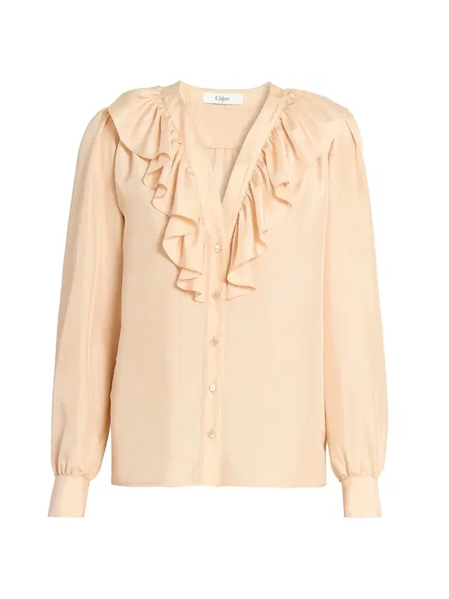 Women's Ruffled Silk V-Neck Blouse - Biscuit Pink Women's Ruffled Silk V-Neck Blouse - Biscuit Pink