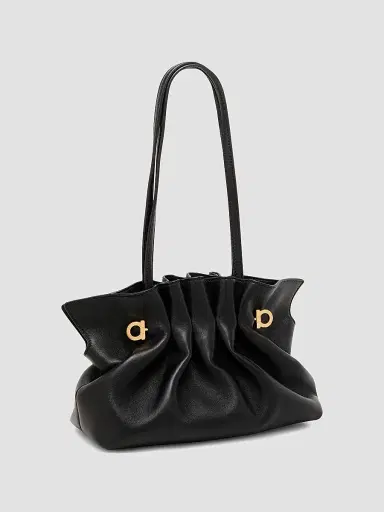 FERRAGAMO Women's Gancio Piercing Gathered Leather Shoulder Bag - Nero | Thumbnail 4 FERRAGAMO Women's Gancio Piercing Gathered Leather Shoulder Bag - Nero | Thumbnail 4