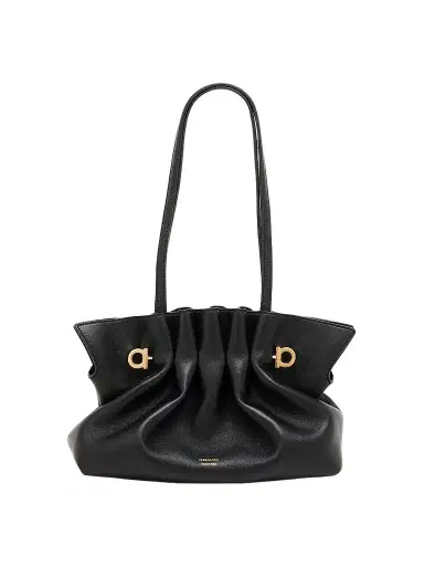 FERRAGAMO Women's Gancio Piercing Gathered Leather Shoulder Bag - Nero | Thumbnail 1 FERRAGAMO Women's Gancio Piercing Gathered Leather Shoulder Bag - Nero | Thumbnail 1