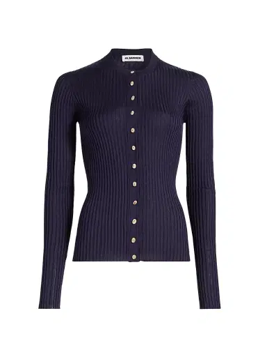 Jil Sander Women's Superfine Seamless Silk Rib-Knit Cardigan - Midnight - Size 2 | Thumbnail 1 Jil Sander Women's Superfine Seamless Silk Rib-Knit Cardigan - Midnight - Size 2 | Thumbnail 1