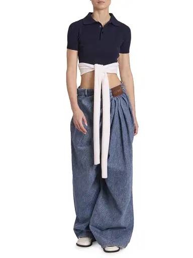 LOEWE Women's Wool-Blend Wrap Cropped Polo Sweater - Navy Ecru | Thumbnail 2 LOEWE Women's Wool-Blend Wrap Cropped Polo Sweater - Navy Ecru | Thumbnail 2