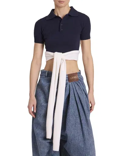LOEWE Women's Wool-Blend Wrap Cropped Polo Sweater - Navy Ecru | Thumbnail 3 LOEWE Women's Wool-Blend Wrap Cropped Polo Sweater - Navy Ecru | Thumbnail 3