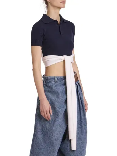 LOEWE Women's Wool-Blend Wrap Cropped Polo Sweater - Navy Ecru | Thumbnail 4 LOEWE Women's Wool-Blend Wrap Cropped Polo Sweater - Navy Ecru | Thumbnail 4
