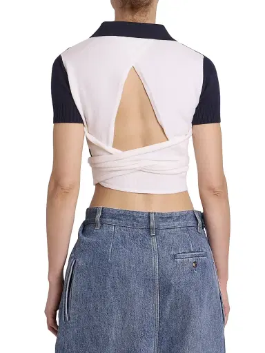 LOEWE Women's Wool-Blend Wrap Cropped Polo Sweater - Navy Ecru | Thumbnail 5 LOEWE Women's Wool-Blend Wrap Cropped Polo Sweater - Navy Ecru | Thumbnail 5