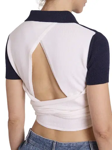 LOEWE Women's Wool-Blend Wrap Cropped Polo Sweater - Navy Ecru | Thumbnail 6 LOEWE Women's Wool-Blend Wrap Cropped Polo Sweater - Navy Ecru | Thumbnail 6