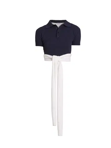LOEWE Women's Wool-Blend Wrap Cropped Polo Sweater - Navy Ecru | Thumbnail 1 LOEWE Women's Wool-Blend Wrap Cropped Polo Sweater - Navy Ecru | Thumbnail 1