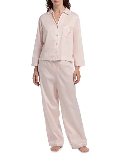 Natori Women's Essentials Embroidered Cotton Sateen Pajamas - Blush Pink | Thumbnail 3 Natori Women's Essentials Embroidered Cotton Sateen Pajamas - Blush Pink | Thumbnail 3