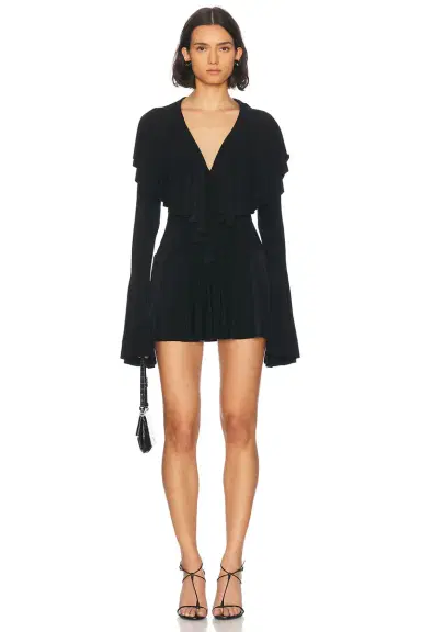 Norma Kamali Long Sleeve Deep V Ruffle Mini Dress | Thumbnail 1 Norma Kamali Long Sleeve Deep V Ruffle Mini Dress | Thumbnail 1