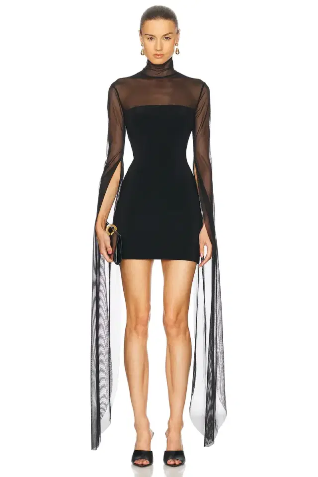 Ribbon Sleeve Turtleneck Mesh Mini Dress Ribbon Sleeve Turtleneck Mesh Mini Dress