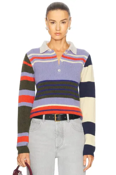 The Elder Statesman Chaos Stipe Fitted Polo Sweater | Thumbnail 1 The Elder Statesman Chaos Stipe Fitted Polo Sweater | Thumbnail 1
