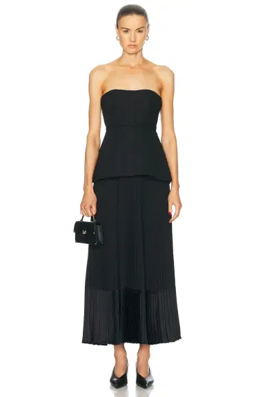 SIMKHAI Prisca Belted Bustier Tea Length Dress | Thumbnail 1 SIMKHAI Prisca Belted Bustier Tea Length Dress | Thumbnail 1
