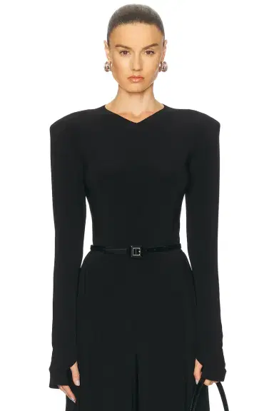 Norma Kamali Long Sleeve Shoulder Pad V Neck Top | Thumbnail 1 Norma Kamali Long Sleeve Shoulder Pad V Neck Top | Thumbnail 1