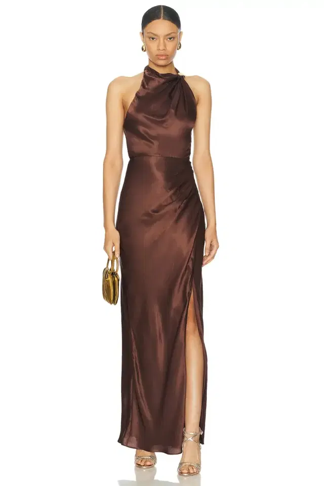 Galilea High Neck Gold Trim Maxi Dress Galilea High Neck Gold Trim Maxi Dress