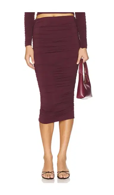 SEROYA Darcy Mid Rise Ruched Midi Skirt | Thumbnail 1 SEROYA Darcy Mid Rise Ruched Midi Skirt | Thumbnail 1