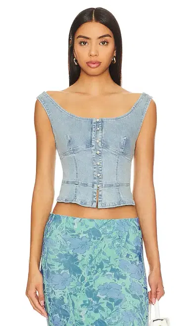 Free People Sally Denim Corset Top In Daylight Sky Combo | Thumbnail 1 Free People Sally Denim Corset Top In Daylight Sky Combo | Thumbnail 1