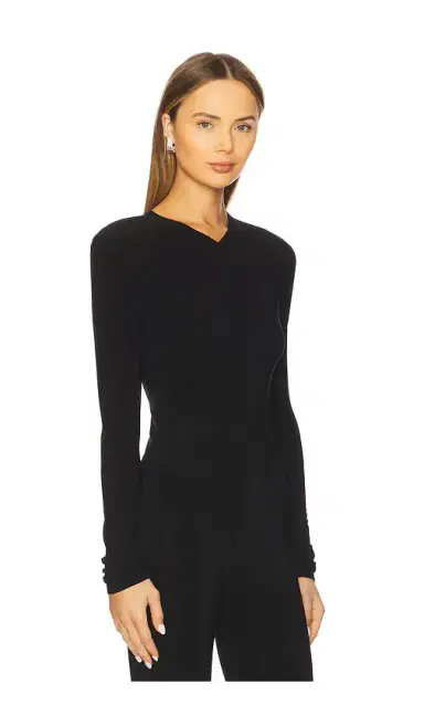 Norma Kamali Long Sleeve Shoulder Pad V Neck Top | Thumbnail 2 Norma Kamali Long Sleeve Shoulder Pad V Neck Top | Thumbnail 2