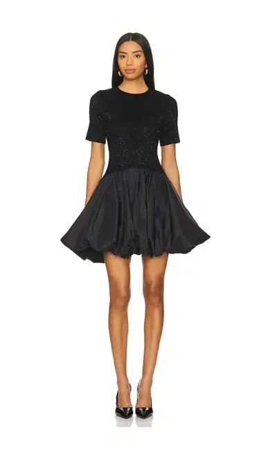 SIMKHAI Kenz Short Sleeve Knit Combo Ruffle Mini Dress | Thumbnail 1 SIMKHAI Kenz Short Sleeve Knit Combo Ruffle Mini Dress | Thumbnail 1