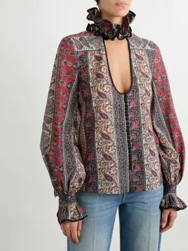 Valentino Garavani Ruffled Cutout Satin-trimmed Metallic Printed Cotton-blend Blouse | Thumbnail 3 Valentino Garavani Ruffled Cutout Satin-trimmed Metallic Printed Cotton-blend Blouse | Thumbnail 3