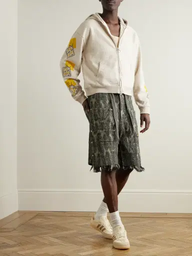 KAPITAL Magpie Straight-Leg Distressed Cotton-Jacquard Drawstring Shorts - Men | Thumbnail 2 KAPITAL Magpie Straight-Leg Distressed Cotton-Jacquard Drawstring Shorts - Men | Thumbnail 2