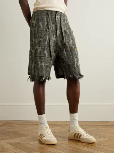 KAPITAL Magpie Straight-Leg Distressed Cotton-Jacquard Drawstring Shorts - Men | Thumbnail 3 KAPITAL Magpie Straight-Leg Distressed Cotton-Jacquard Drawstring Shorts - Men | Thumbnail 3