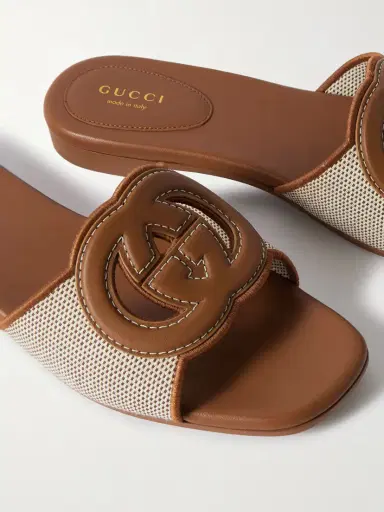 Gucci Canvas-trimmed Leather Slides | Thumbnail 4 Gucci Canvas-trimmed Leather Slides | Thumbnail 4