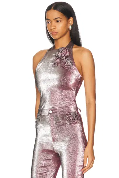 AREA Stretch Lame Rosette Halter Top | Thumbnail 2 AREA Stretch Lame Rosette Halter Top | Thumbnail 2