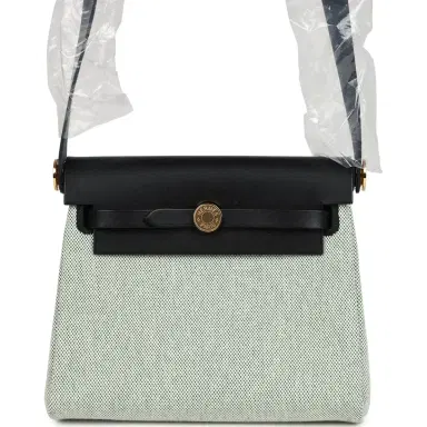 HERMÈS Hermes Herbag Zip 20 Mini Ecru and Vert Moyen Toile H Canvas and Black Vache Hunter Gold Hardware | Thumbnail 1 HERMÈS Hermes Herbag Zip 20 Mini Ecru and Vert Moyen Toile H Canvas and Black Vache Hunter Gold Hardware | Thumbnail 1
