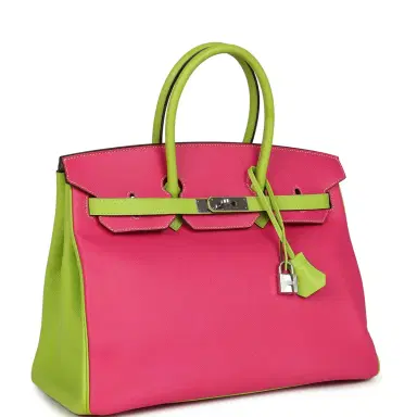 HERMÈS Pre-owned Hermes Special Order (HSS) Birkin 35 Rose Tyrien and Kiwi Epsom Palladium Hardware | Thumbnail 2 HERMÈS Pre-owned Hermes Special Order (HSS) Birkin 35 Rose Tyrien and Kiwi Epsom Palladium Hardware | Thumbnail 2