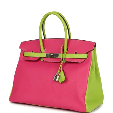 HERMÈS Pre-owned Hermes Special Order (HSS) Birkin 35 Rose Tyrien and Kiwi Epsom Palladium Hardware | Thumbnail 5 HERMÈS Pre-owned Hermes Special Order (HSS) Birkin 35 Rose Tyrien and Kiwi Epsom Palladium Hardware | Thumbnail 5