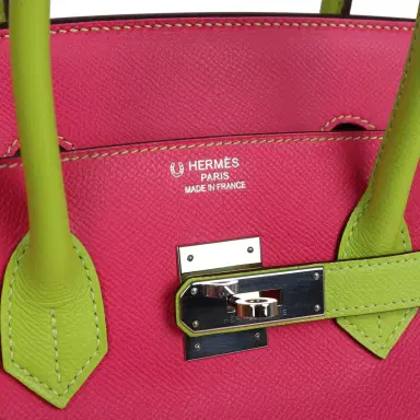 HERMÈS Pre-owned Hermes Special Order (HSS) Birkin 35 Rose Tyrien and Kiwi Epsom Palladium Hardware | Thumbnail 7 HERMÈS Pre-owned Hermes Special Order (HSS) Birkin 35 Rose Tyrien and Kiwi Epsom Palladium Hardware | Thumbnail 7