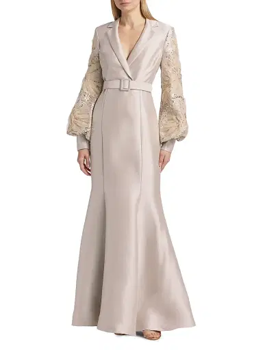 Badgley Mischka Women's Beaded Tulle-Sleeve Blazer Mermaid Gown - Champagne | Thumbnail 3 Badgley Mischka Women's Beaded Tulle-Sleeve Blazer Mermaid Gown - Champagne | Thumbnail 3