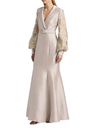Badgley Mischka Women's Beaded Tulle-Sleeve Blazer Mermaid Gown - Champagne | Thumbnail 4 Badgley Mischka Women's Beaded Tulle-Sleeve Blazer Mermaid Gown - Champagne | Thumbnail 4
