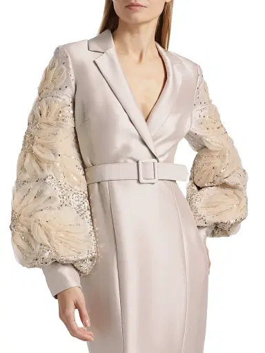 Badgley Mischka Women's Beaded Tulle-Sleeve Blazer Mermaid Gown - Champagne | Thumbnail 6 Badgley Mischka Women's Beaded Tulle-Sleeve Blazer Mermaid Gown - Champagne | Thumbnail 6