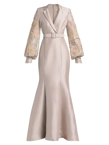 Badgley Mischka Women's Beaded Tulle-Sleeve Blazer Mermaid Gown - Champagne | Thumbnail 1 Badgley Mischka Women's Beaded Tulle-Sleeve Blazer Mermaid Gown - Champagne | Thumbnail 1