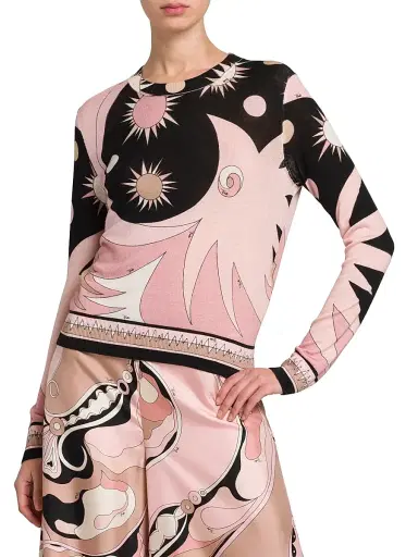 Pucci Women's Wool-Silk Intarsia Crewneck Sweater - Natural Nero | Thumbnail 3 Pucci Women's Wool-Silk Intarsia Crewneck Sweater - Natural Nero | Thumbnail 3
