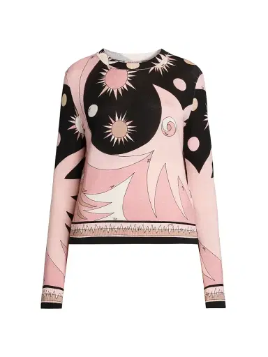 Pucci Women's Wool-Silk Intarsia Crewneck Sweater - Natural Nero | Thumbnail 1 Pucci Women's Wool-Silk Intarsia Crewneck Sweater - Natural Nero | Thumbnail 1