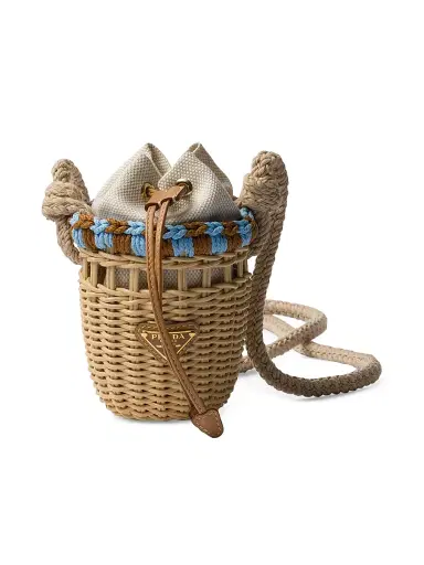 Prada Women's Wicker and Linen-Blend Mini Shoulder Bag - Beige Khaki | Thumbnail 1 Prada Women's Wicker and Linen-Blend Mini Shoulder Bag - Beige Khaki | Thumbnail 1