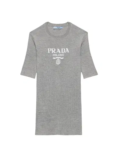 Prada Women's Silk Crewneck Sweater with Logo - Grey - Size 10 | Thumbnail 1 Prada Women's Silk Crewneck Sweater with Logo - Grey - Size 10 | Thumbnail 1