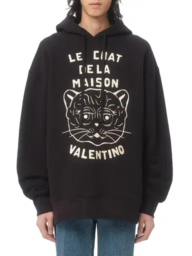 Valentino Garavani Men's Cotton Sweatshirt with Chat De La Maison Patch - Black | Thumbnail 2 Valentino Garavani Men's Cotton Sweatshirt with Chat De La Maison Patch - Black | Thumbnail 2