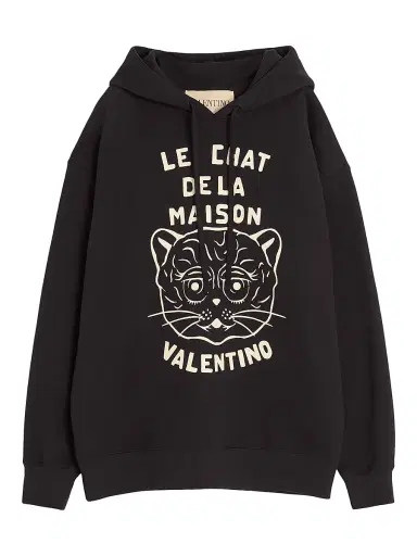 Valentino Garavani Men's Cotton Sweatshirt with Chat De La Maison Patch - Black | Thumbnail 1 Valentino Garavani Men's Cotton Sweatshirt with Chat De La Maison Patch - Black | Thumbnail 1