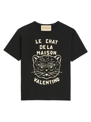 Valentino Garavani Men's Cotton T-Shirt with Chat De La Maison Print - Black | Thumbnail 1 Valentino Garavani Men's Cotton T-Shirt with Chat De La Maison Print - Black | Thumbnail 1