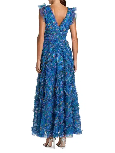 Mac Duggal Women's Floral Mesh Ruffled V-Neck Maxi Dress - Blue Multi - Size 16 | Thumbnail 2 Mac Duggal Women's Floral Mesh Ruffled V-Neck Maxi Dress - Blue Multi - Size 16 | Thumbnail 2