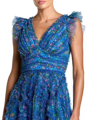 Mac Duggal Women's Floral Mesh Ruffled V-Neck Maxi Dress - Blue Multi - Size 16 | Thumbnail 3 Mac Duggal Women's Floral Mesh Ruffled V-Neck Maxi Dress - Blue Multi - Size 16 | Thumbnail 3