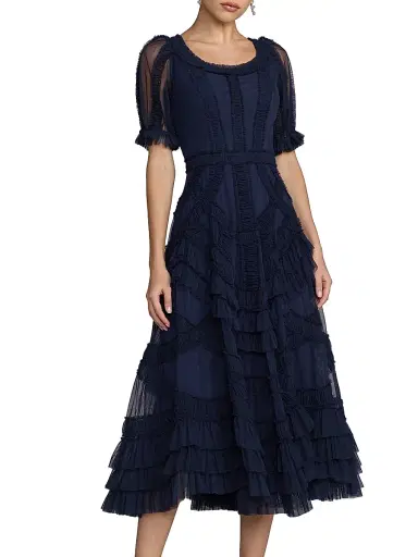 Mac Duggal Women's Mesh Ruffled Scoopneck Midi-Dress - Indigo - Size 18 | Thumbnail 1 Mac Duggal Women's Mesh Ruffled Scoopneck Midi-Dress - Indigo - Size 18 | Thumbnail 1
