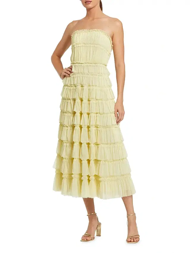 Women's Mesh Ruffled Strapless Midi-Dress - Buttercup Women's Mesh Ruffled Strapless Midi-Dress - Buttercup