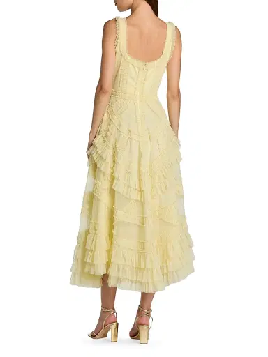 Mac Duggal Women's Mesh Ruffled Scoopneck Midi-Dress - Buttercup | Thumbnail 2 Mac Duggal Women's Mesh Ruffled Scoopneck Midi-Dress - Buttercup | Thumbnail 2