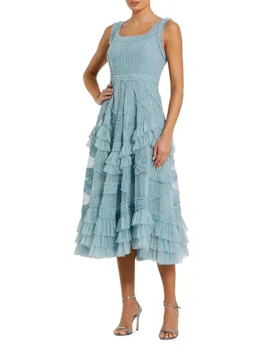 Mac Duggal Women's Mesh Ruffled Scoopneck Midi-Dress - Buttercup | Thumbnail 7 Mac Duggal Women's Mesh Ruffled Scoopneck Midi-Dress - Buttercup | Thumbnail 7